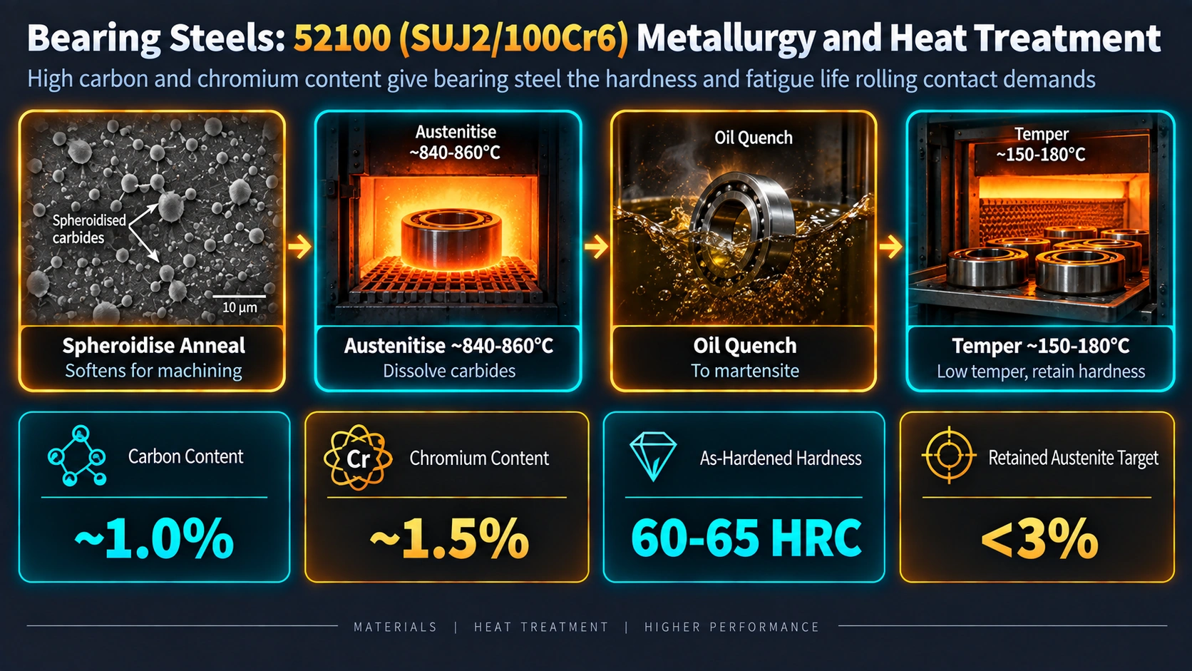 Composition Design and Alloying Element Functions — Bearing Steels: 52100 (SUJ2/100Cr6) Metallurgy and Heat Treatment