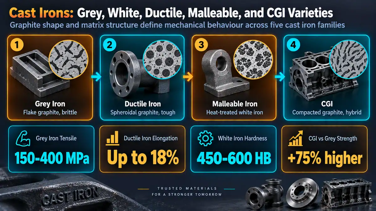 Composition, Carbon Equivalent, and Classification — Cast Irons: Grey, White, Ductile, Malleable, and CGI Varieties