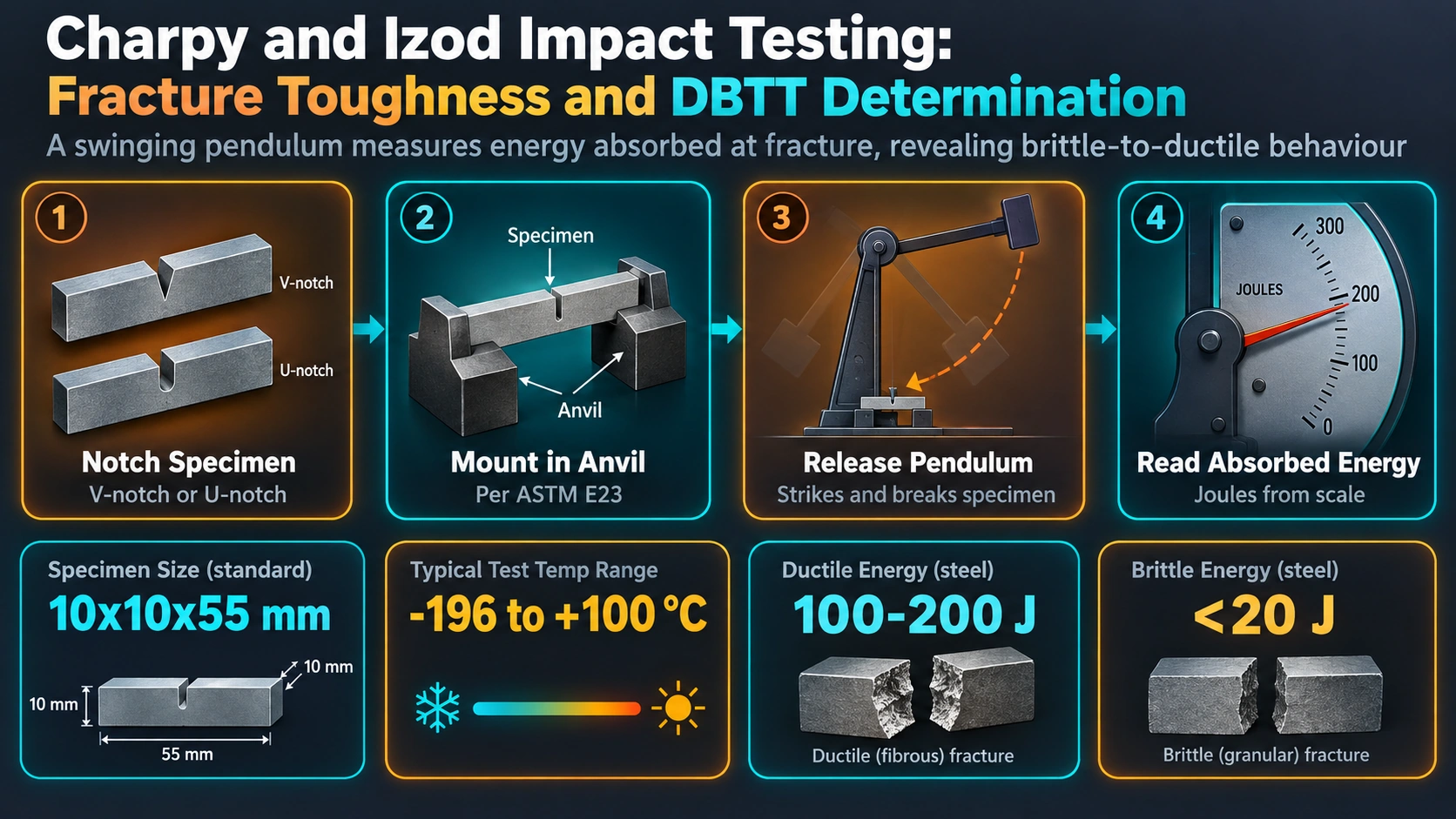 Pendulum Machine Mechanics and Energy Measurement — Charpy and Izod Impact Testing: Fracture Toughness and DBTT Determination