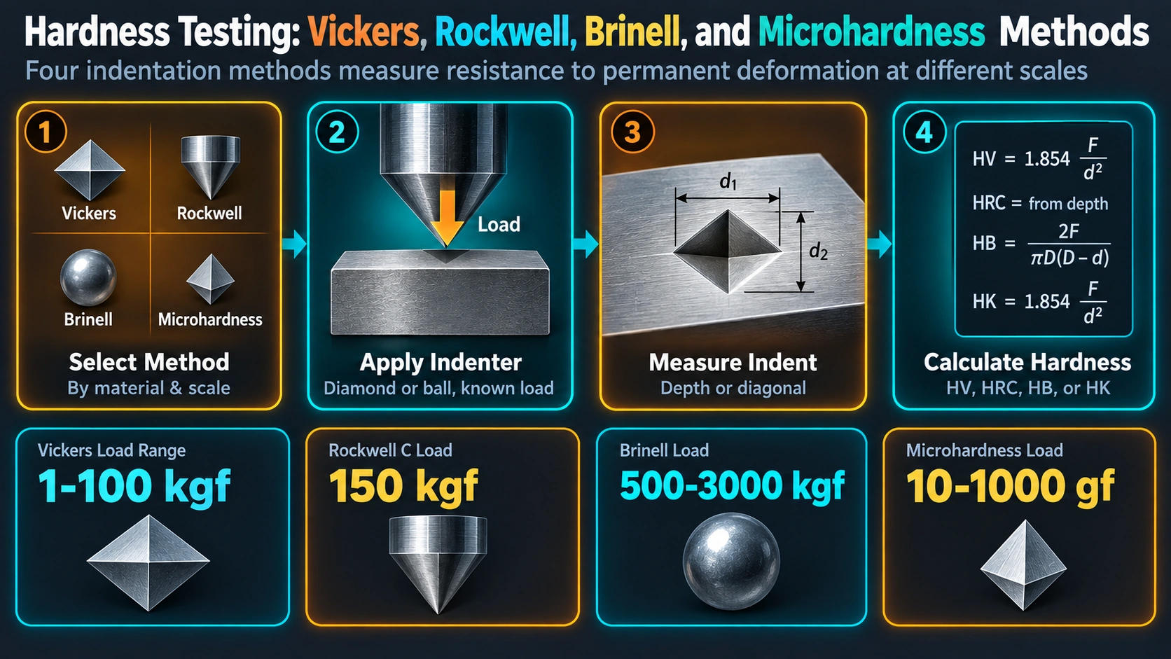 The Physical Basis of Hardness — Hardness Testing: Vickers, Rockwell, Brinell, and Microhardness Methods