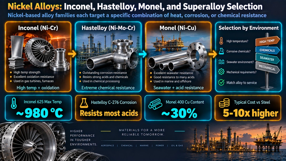 Why Nickel? Fundamental Metallurgy — Nickel Alloys: Inconel, Hastelloy, Monel, and Superalloy Selection