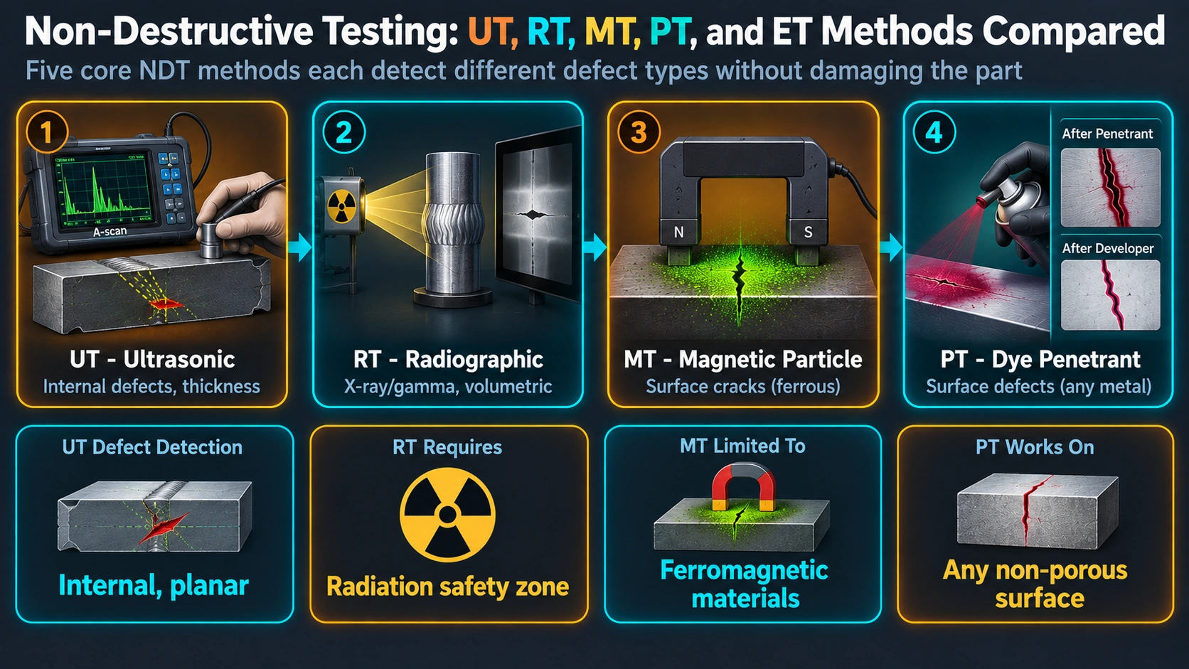 1. Ultrasonic Testing (UT) — Non-Destructive Testing: UT, RT, MT, PT, and ET Methods Compared