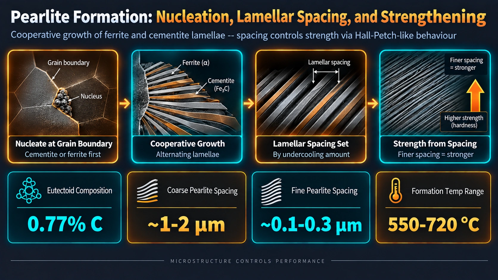 The Eutectoid Reaction: Thermodynamic Basis — Pearlite Formation: Nucleation, Lamellar Spacing, and Strengthening