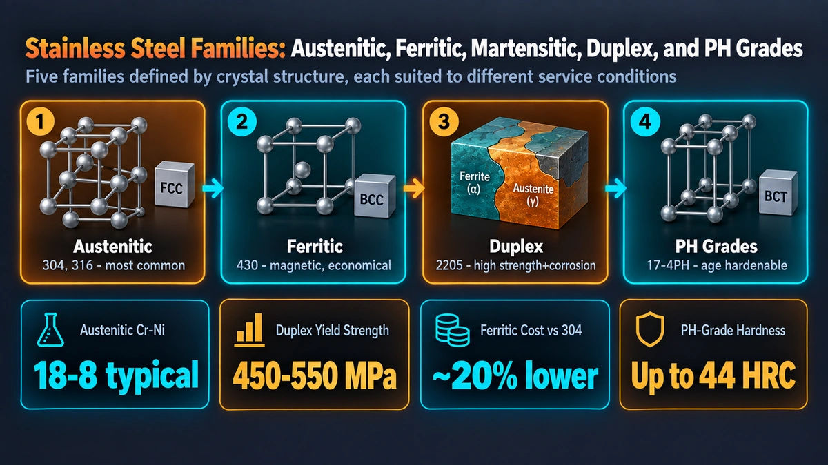 The Chromium Passive Film: The Foundation of Stainless Behaviour — Stainless Steel Families: Austenitic, Ferritic, Martensitic, Duplex, and PH Grades