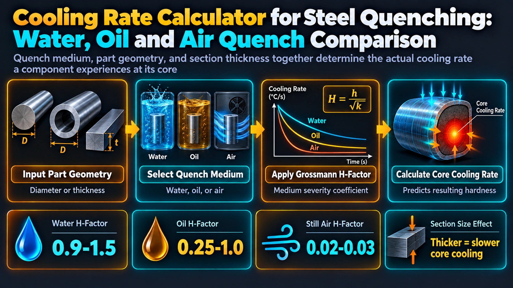 The Physics of Quench Cooling Rate — Cooling Rate Calculator for Steel Quenching: Water, Oil and Air Quench Comparison