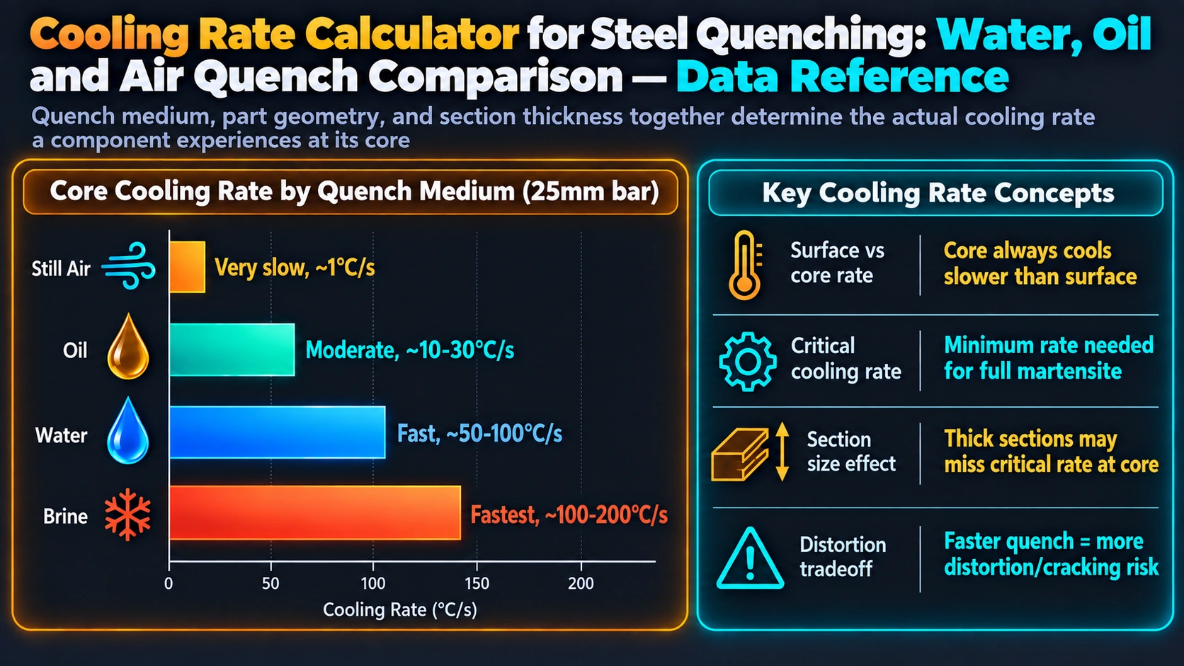 Grossmann H-Value and Jominy Correlation — Cooling Rate Calculator for Steel Quenching: Water, Oil and Air Quench Comparison