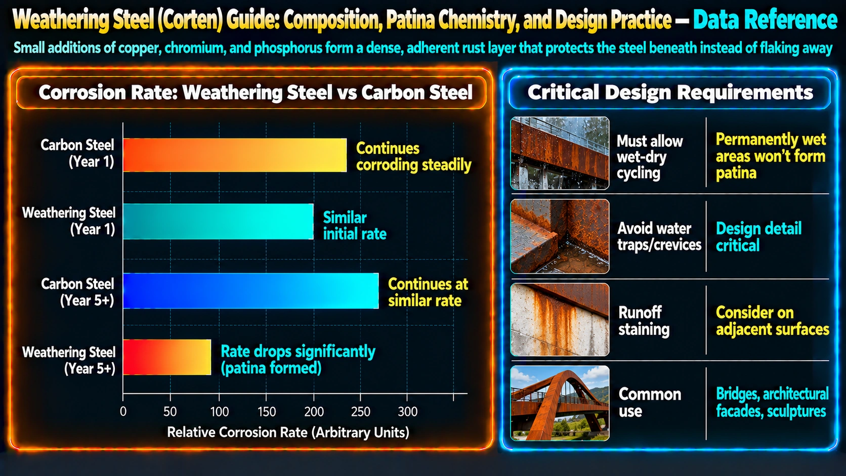Design Detailing for Runoff Staining — Weathering Steel (Corten) Guide: Composition, Patina Chemistry, and Design Practice